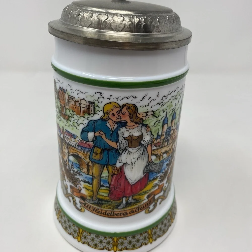 Vintage Western Germany BMF BierSeidel Milk Glass Beer Stein with Pewter Lid